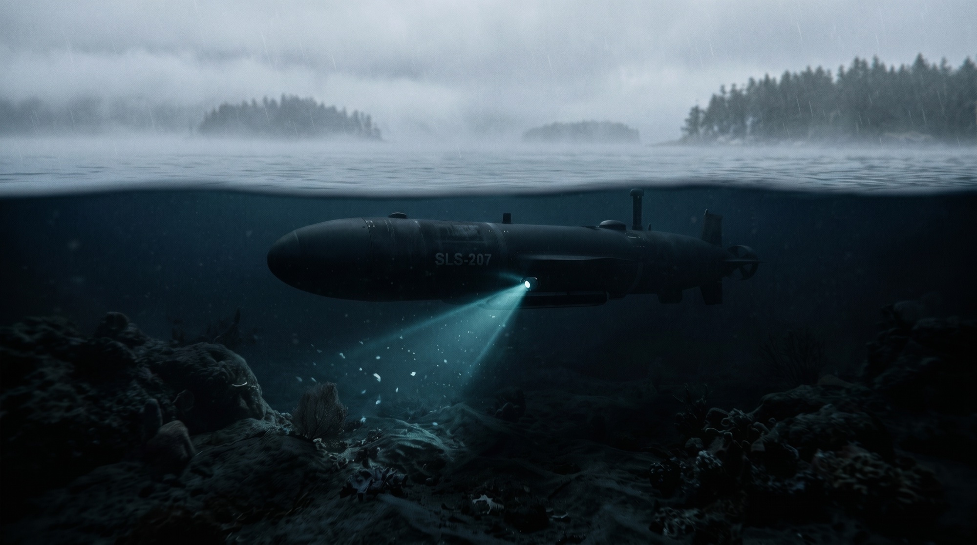 Backeddy deep-loiter UUV in dark water at depth